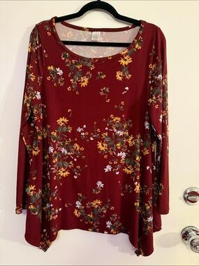 WEST LOOP Burgundy Floral Scoop-Neck Long Sleeve Top